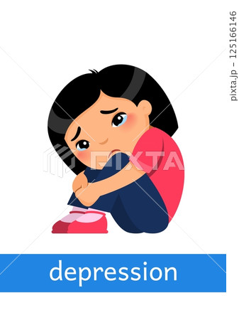 Depression - concept of emotion. Little Asian girl sits, hugging her knees tightly and crying. Learning English language. Children psychology. Cartoon character illustration Depression - concept of emotion. Little Asian girl sits, hugging her knees tightly and crying. Learning English language. Children psychology. Cartoon character illustration 125166146