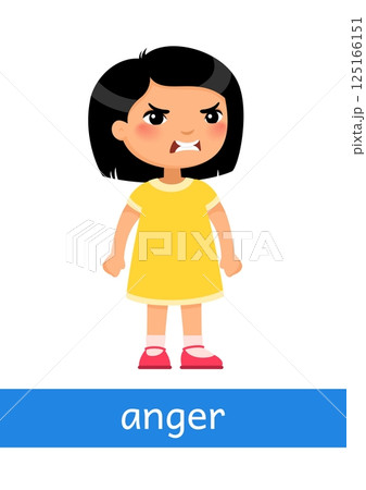 Anger - concept of emotion. Little girl with angry expression. Learning English language. Children psychology. Cute cartoon character 125166151