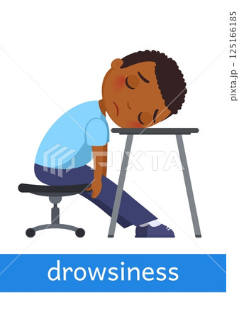 Drowsiness - concept of emotion. Little boy sits on a chair and puts his head on the table and sleep. Learning English language. Children psychology. Cartoon character illustration Drowsiness - concept of emotion. Little boy sits on a chair and puts his head on the table and sleep. Learning English language. Children psychology. Cartoon character illustration 125166185