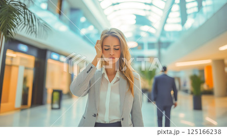 Woman looking stressed in a modern office hallway during working hours 125166238