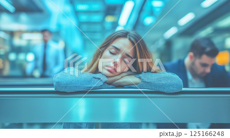 Woman resting her head on her arms at a busy airport terminal Woman resting her head on her arms at a busy airport terminal 125166248