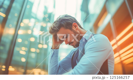 Man in office attire expresses frustration while standing in modern urban environment 125166257