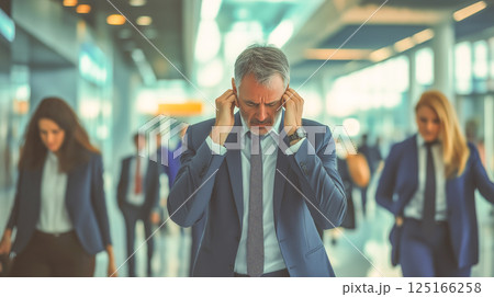 Businessman overwhelmed by noise in bustling airport during busy travel season 125166258