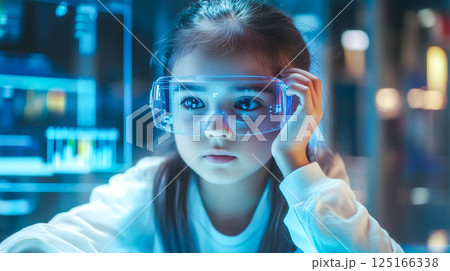 A kid girl learns online using futuristic technology. The concept of the integration of advanced digital tools in education, and learning experiences for the future generation. Generative AI. 125166338