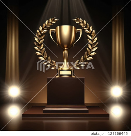 Golden Trophy on a Pedestal with Spotlight Background 125166446