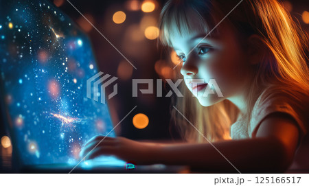 A kid girl learns online using futuristic technology. The concept of the integration of advanced digital tools in education, and learning experiences for the future generation. Generative AI. 125166517