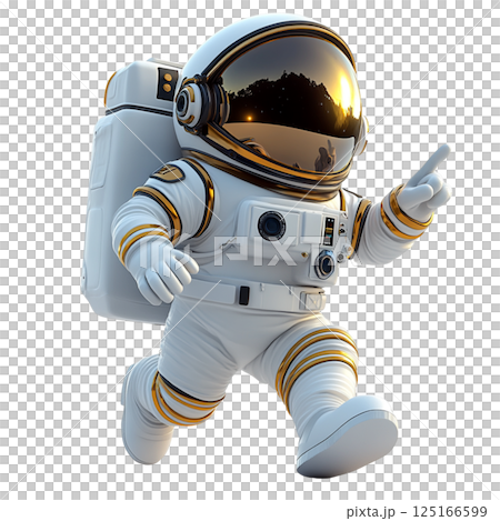 cheerful astronaut in spacesuit pointing while floating in space 125166599