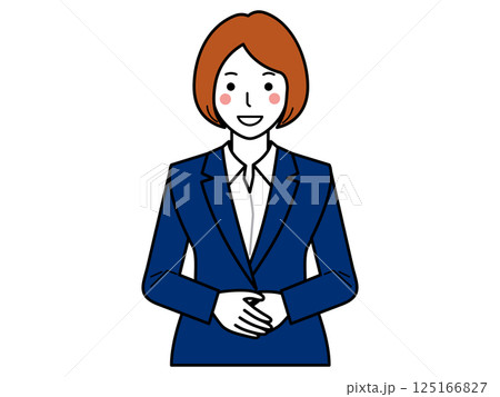 正面を向き、両手を前で重ねて話すスーツの女性 125166827