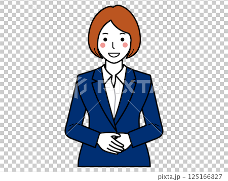 正面を向き、両手を前で重ねて話すスーツの女性 125166827