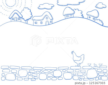 晴れた日の家並みとニワトリのフレーム 125167303