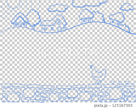 晴れた日の家並みとニワトリのフレーム 125167303