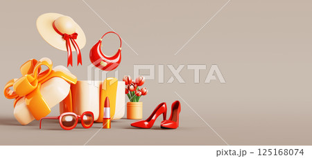 3d open gift box with women accessories and cosmetic. Fashion shop banner with red shoes, bag, hat, sunglasses, lipstick and flowers render background. Holiday sale promotion design. 3D illustration 125168074
