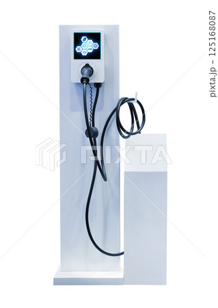 Power cable pump plug in charging power to electric vehicle EV car for use at home. Isolated on white background Power cable pump plug in charging power to electric vehicle EV car for use at home. Isolated on white background 125168087