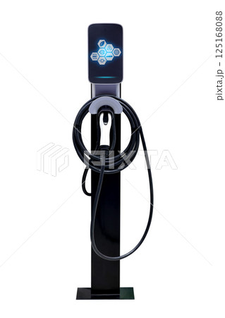 Power cable pump plug in charging power to electric vehicle EV car for use at home. Isolated on white background 125168088