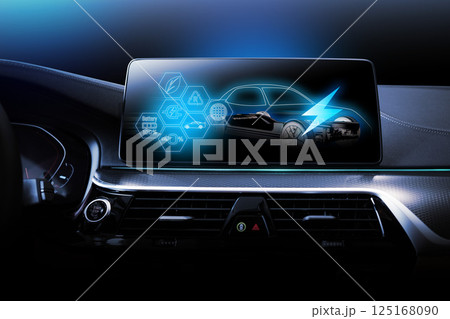 Electric car display screen that is showing the display of electric charging. 125168090