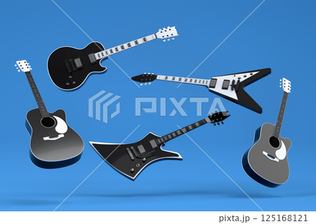 Set of electric acoustic guitars isolated on blue background. 125168121