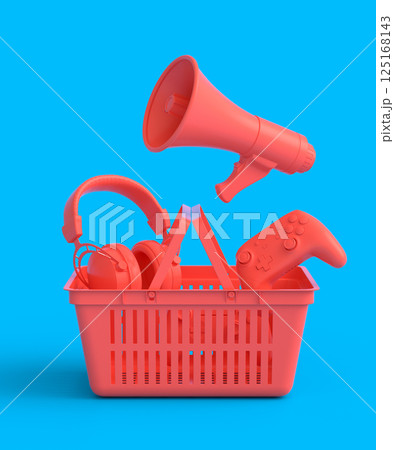 Gamer gear like headset, headphones and joystick in plastic basket on monochrome 125168143