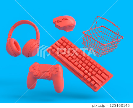 Gamer gears like mouse, keyboard, joystick, headset, VR and metal wire basket Gamer gears like mouse, keyboard, joystick, headset, VR and metal wire basket 125168146