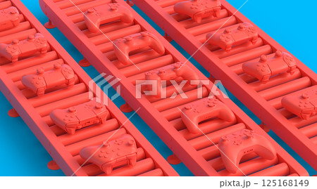 Set of gamer joysticks or gamepads on factory line on monochrome background 125168149