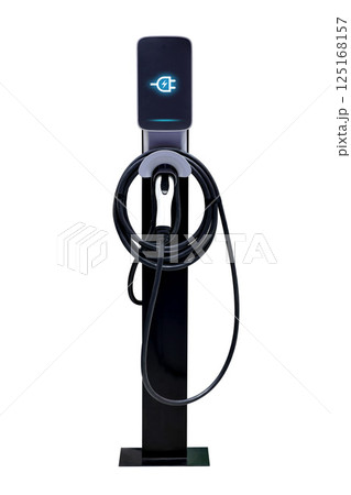 Power cable pump plug in charging power to electric vehicle EV car for use at home. Isolated on white background 125168157