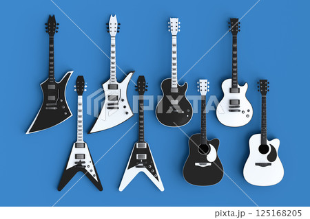 Set of electric acoustic guitars isolated on blue background. Set of electric acoustic guitars isolated on blue background. 125168205
