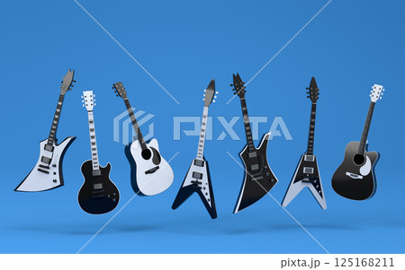 Set of electric acoustic guitars isolated on blue background. Set of electric acoustic guitars isolated on blue background. 125168211