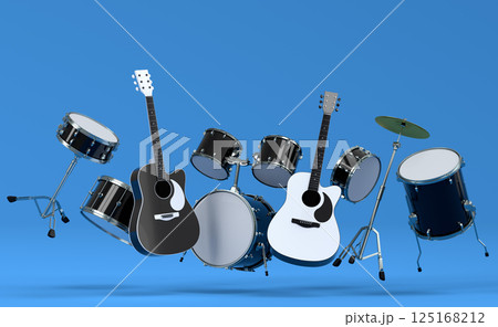 Set of electric acoustic guitars and drums with cymbals on blue background 125168212