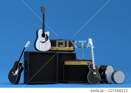 Set of electric acoustic guitars, amplifiers and drums with cymbal on blue 125168213