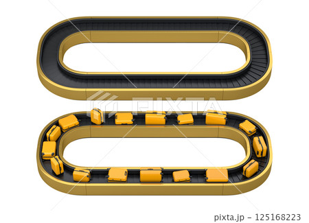 Set of Airport luggage conveyor belt or baggage claim area with suitcases on white. 125168223