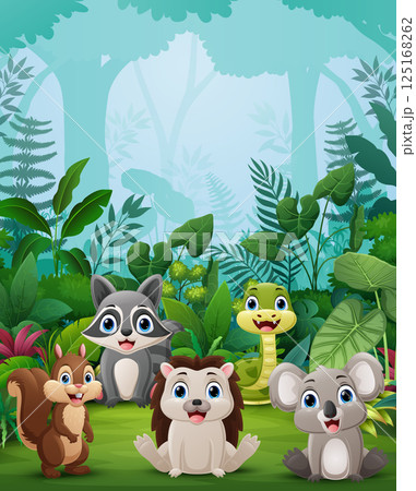 Cute cartoon animals in the forest background 125168262