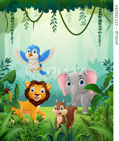 Happy cartoon animals in a green forest Happy cartoon animals in a green forest 125168263