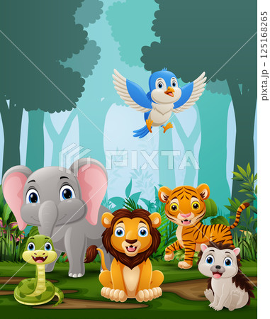Cute animals cartoon in the forest background 125168265