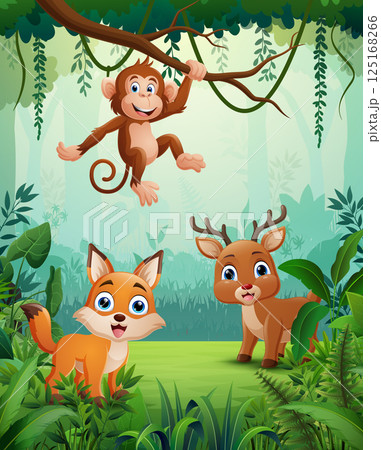 Happy animal cartoon in a lush forest Happy animal cartoon in a lush forest 125168266