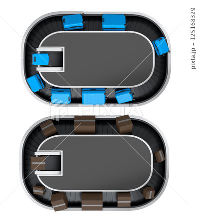 Set of Airport luggage conveyor belt or baggage claim area with suitcases on white. Set of Airport luggage conveyor belt or baggage claim area with suitcases on white. 125168329