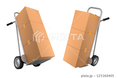 Set of Airport luggage cart or baggage trolley side with cardboard boxes or cartons 125168405