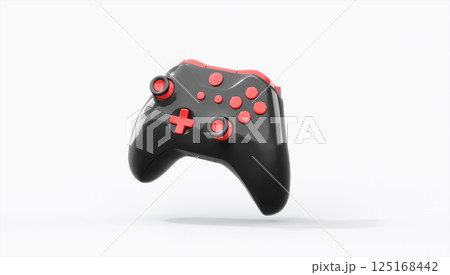Realistic black video game joystick or gamepad with color buttons on white 125168442