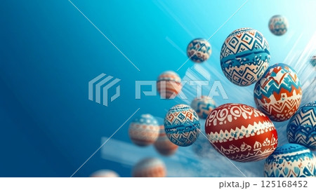 Colorful geometric patterned easter eggs on blue background. Colorful geometric patterned easter eggs on blue background. 125168452