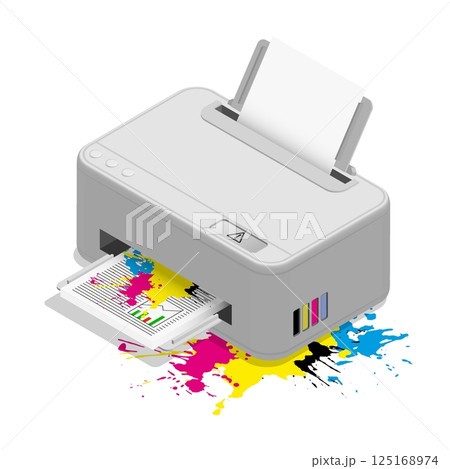 Isometric broken office printer with spilled ink and damaged documents. Repair and maintenance of office equipment and copying equipment. Realistic 3D vector isolated on white background 125168974