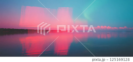 Vibrant city lights blend with aurora borealis over tranquil water, showcasing urban-nature fusion. 125169128