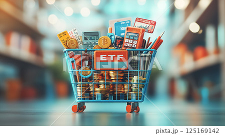 Shopping cart filled with ETF-related assets like credit cards, bitcoin, calculators, and coins symbolizing investment. 125169142