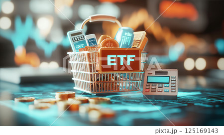 Conceptual image of ETF investment with digital assets, cryptocurrencies, and financial tools in a shopping basket. 125169143