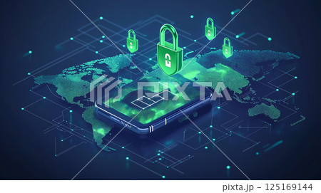 Futuristic concept of global mobile cybersecurity with digital locks and a smart device protecting world data systems. 125169144