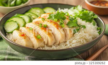 Delicious Hainanese chicken rice served with cucumber and cilantro on a wooden table Delicious Hainanese chicken rice served with cucumber and cilantro on a wooden table 125169262