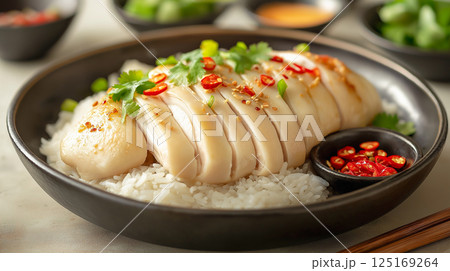 Delicious Hainanese chicken rice served with fresh herbs and chili peppers in a traditional bowl Delicious Hainanese chicken rice served with fresh herbs and chili peppers in a traditional bowl 125169264