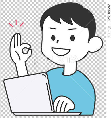 一名男子在操作電腦時做出「OK」手勢 125169392