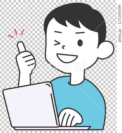一名男子操作電腦時豎起大拇指 125169394
