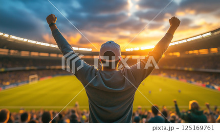 Football fan rejoices in excitement as sunset casts warm glow over stadium during match 125169761