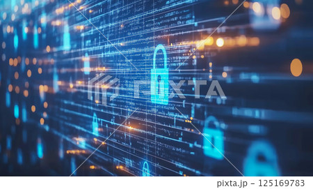 Visual representation of online security measures through digital padlocks and data streams in a blue-lit environment Visual representation of online security measures through digital padlocks and data streams in a blue-lit environment 125169783