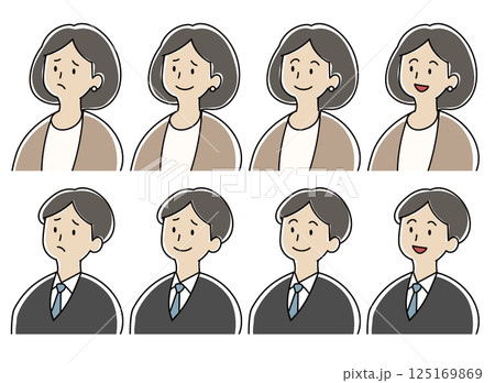 色々な表情のスーツの男性と女性のイラストセット 125169869