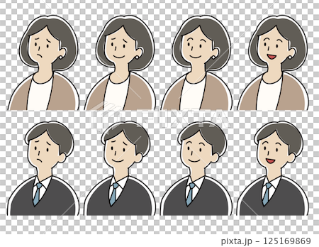 色々な表情のスーツの男性と女性のイラストセット 125169869